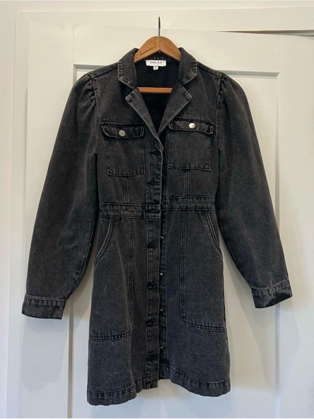 Gilli Black Washed Denim Button-Front Jacket Dress